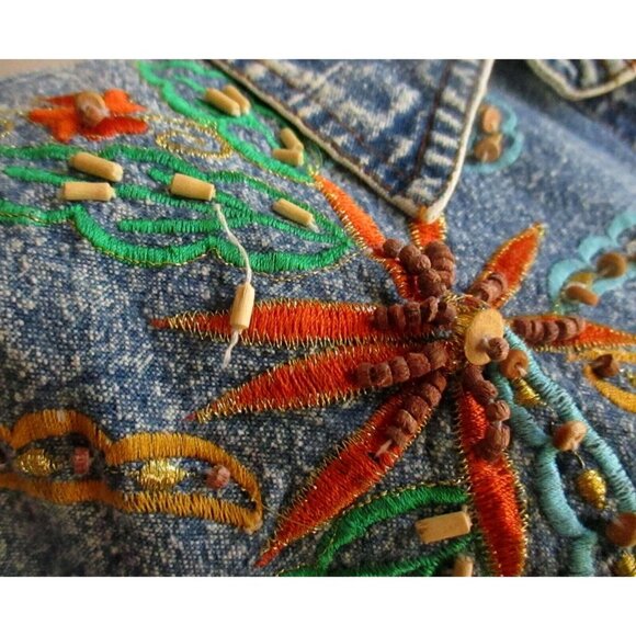 M Vintage 90's Patty Blue Denim Shirt Embroidered Floral Design Button Front - Picture 4 of 6